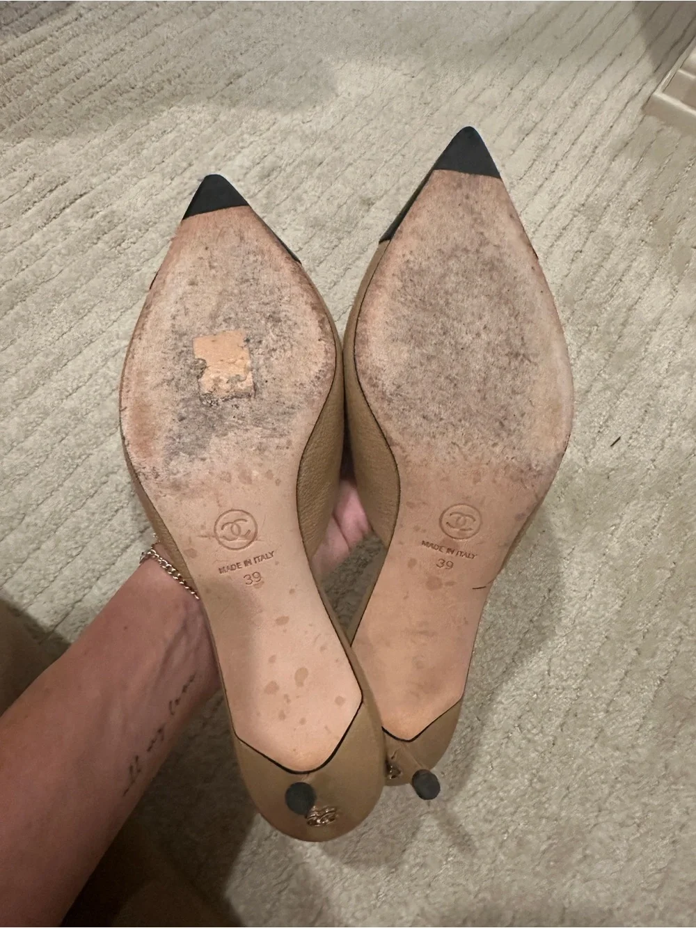 CHANEL Beige and Black Pointed Toe Leather Mules